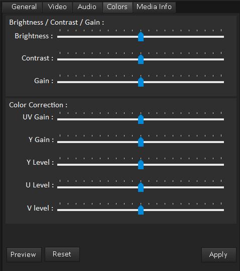 INTERFACE TRIMMER Color Settings 1 2 3 4 5 1- Brightness setting 2- Contrast setting 3- Gain setting 4- UV Gain setting 5- Y gain Level 6- Y level 7- U