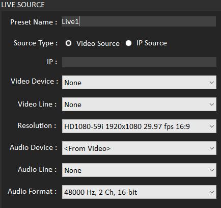 Live Sources Creating Live Source Preset 1- Goto Settings menu 2- Goto Live Sources Adding Live Source From Capture Card 3- Click Add button 4- Type Preset Name 5- Select Video Source