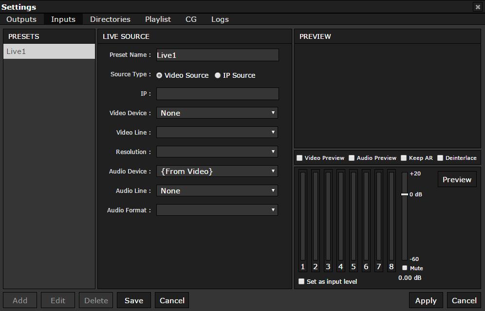 Live Sources Creating Live Source Preset 1- Goto Settings menu 2- Goto Live Sources Adding Live Source From Capture Card 3- Click Add button 4- Type Preset Name 5- Select Video Source