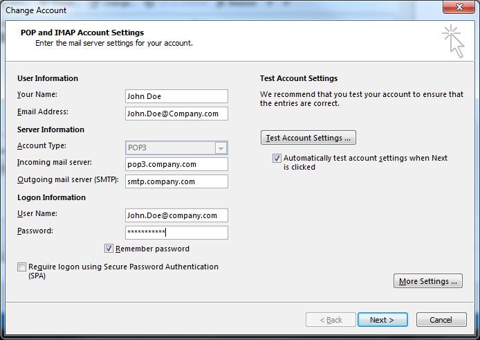 Additional Settings Determining Mail Settings in Outlook 2013 Perform the following to determine the outgoing mail server and user name for a specified email address when using Outlook 2013. 1.