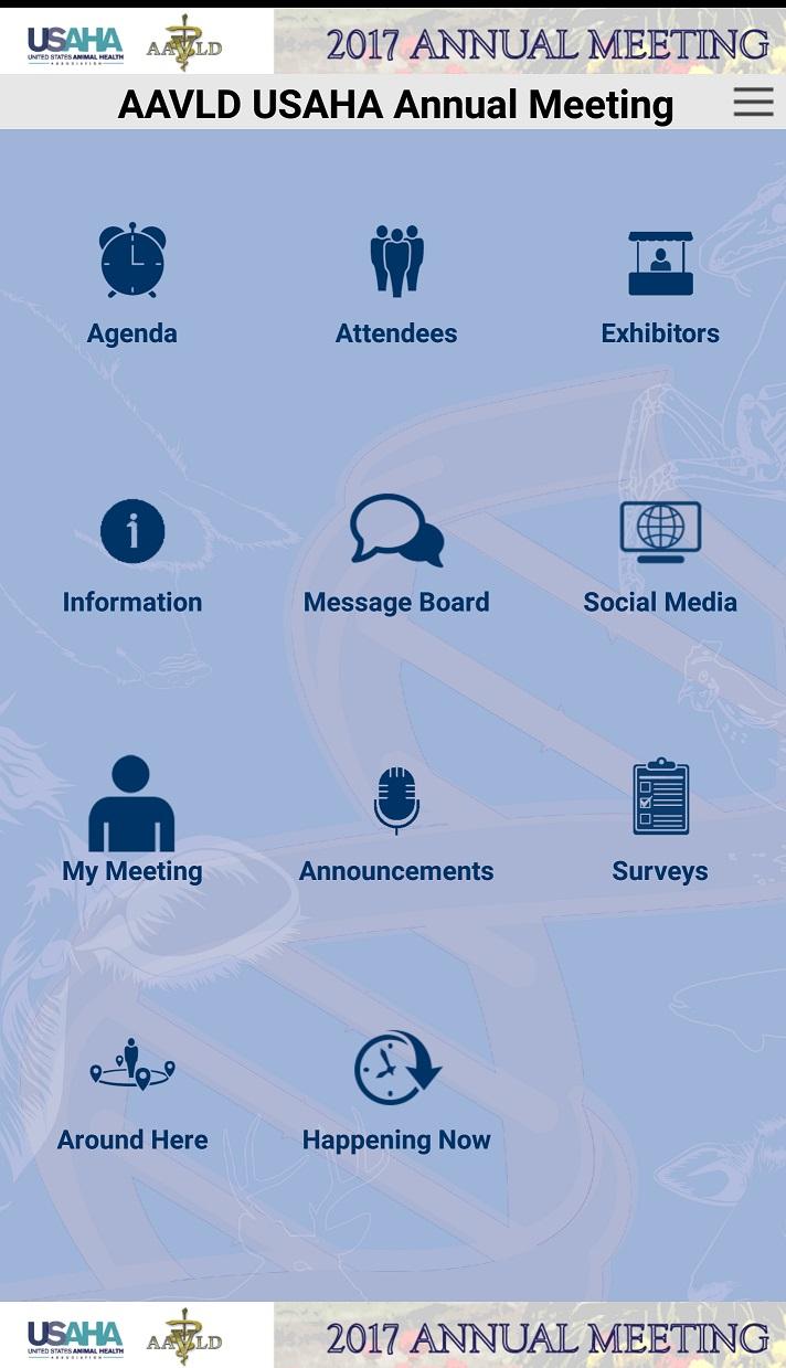 User Guide Main Menu Screen After a successful login the app s main menu screen will appear, displaying the following 10 menu icons: Agenda Attendees Exhibitors Information Message Board Social Media