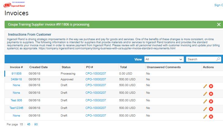 Creating Invoices in the CSP After you click Submit, the page will refresh and display the invoice Status.