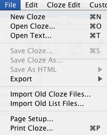 Menu/Button Options New Cloze Select this option to clear the currently displayed cloze. You will be asked if you want to clear the cloze.