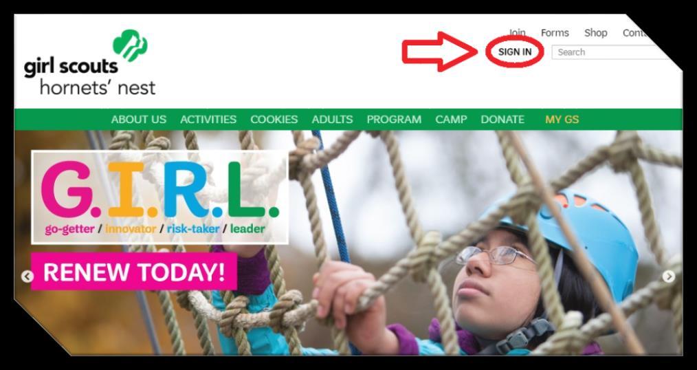 Accessing Volunteer Toolkit (VTK) Open Google Chrome and Navigate to our GSTF website, www.girlscoutsfl.org, then click SIGN IN in the top right corner of the page.