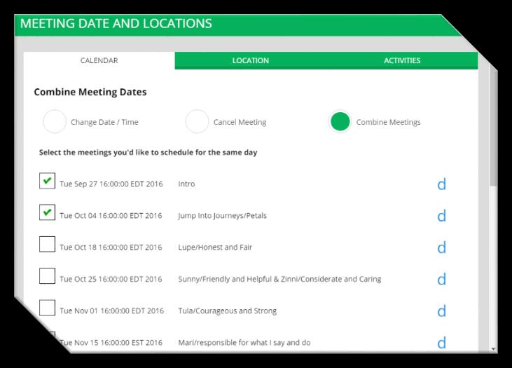 To set up meetings to follow your troop schedule, click SPECIFY DATES AND LOCATIONS on the Year Plan tab.