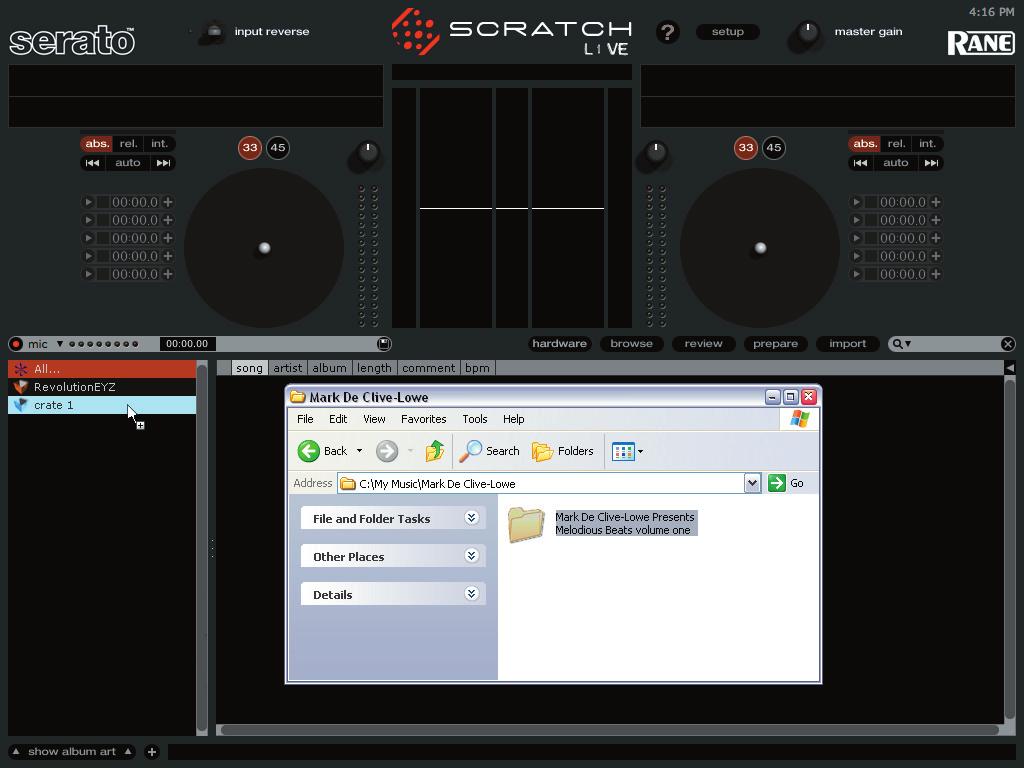 Playing your first track Now that you have calibrated Scratch LIVE, you are ready to play your first track. We will return to the setup screen later to set general system preferences.