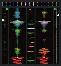 Main Waveform display This view provides a close-up view of the track, including colorcoding to show the frequency of the sound; red representing lowfrequency bass sounds, green representing