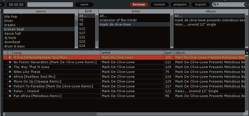 Using the song browser The song browser allows you to filter your song list by Genre, BPM, Artist and Album. To turn the song browser on or off, click the browse button.