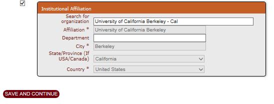 You may add a secondary affiliation for the primary contact by clicking Check box to add a different affiliation.