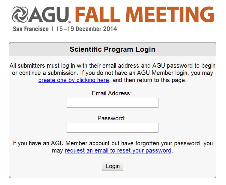 Abstract Submission Login Once you reach this login page from the Fall Meeting website, enter the email address and
