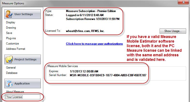 S94687 "As a user of both Measure Mobile and Measure Desktop, I would like to see both of my licenses shown in the Measure Desktop Options dialog".