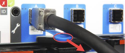 3 Gently pull the blue tab at each end of the faulty SAS3 cable to remove it from the SAS ports.