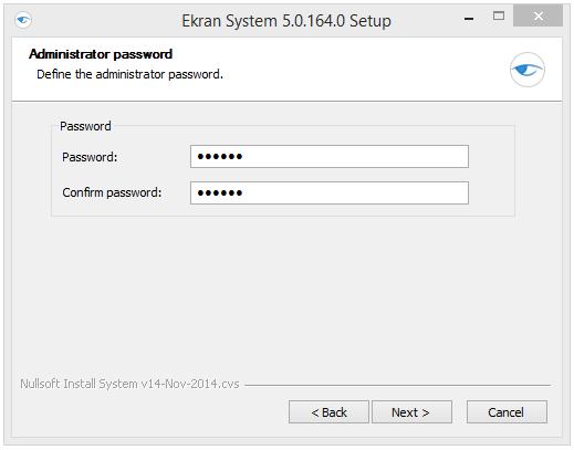 10. On the Administrator password page, define the password for the administrator (the default user of Ekran System with login admin and full permissions). Click Next. 11.