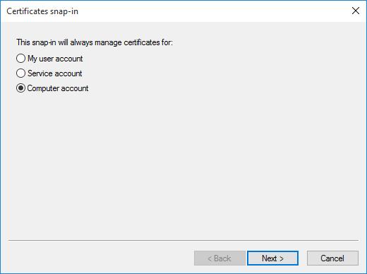 5. In the Certificates Snap-in window, select the Computer account option and click Next.