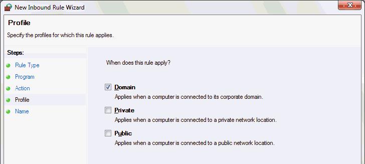 8. On the Profile page, select the profile of the network used for connecting remote computers and the Server. Click Next. 9. On the Name page, define the Name of the rule. Click Finish. 10.
