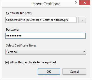 5. In the Import Certificate window, click the Browse button to browse for the file of the purchased certificate and enter its password in the Password field. 6. Click OK. 7.
