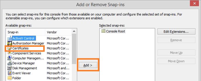 4. In the opened Add or Remove Snap-ins window, select