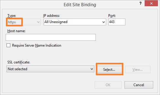 7. If there is no binding of HTTPS type in the Site Bindings window, click Add. 8. The Edit Site Binding window opens. 9. In the Type box, select https. 10.