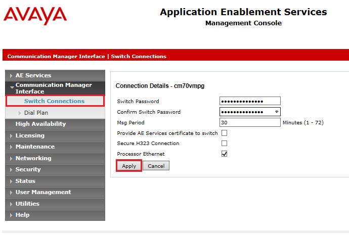 In the resulting screen enter the Switch Password; the Switch Password must be the same as that entered into Communication Manager AE Services Administration screen