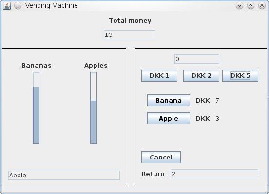 Command line interface Current Money: DKK 5 0) Exit 1) Input 1 DKK 2) Input 2 DKK 3) Input 5 DKK 4) Select banana