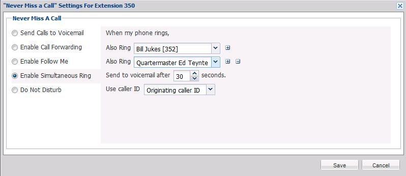 To add another extension or phone to ring simultaneously, click +. You can add up to four extensions or outside numbers. 3.