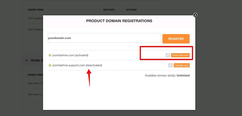 In case you want to deactivate a domain names from your list, simply click on the Deactivate now button Verify JSN template license The