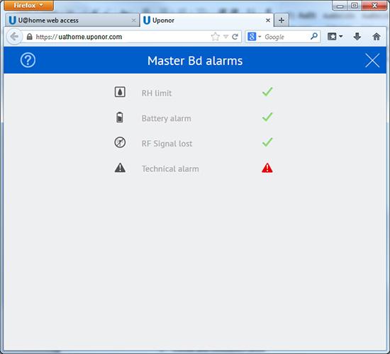 WEB ACCESS; REMOTE The status of all alarms is shown in the room alarm list: No alarm active. New alarm active.