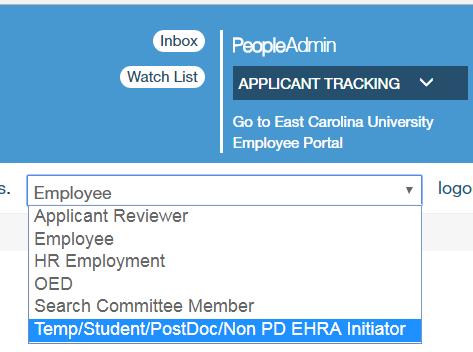 2 Change the Default User Group (top right corner) on your home page to Temp/Student/Post Doc/Non PD EHRA Initiator. 3 The page should automatically refresh.