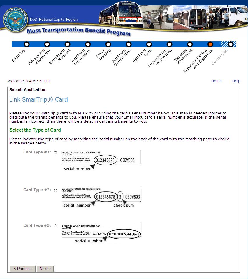 Figure 23 - Link SmarTrip Card Page The participant will make their SmarTrip Card Type # selection based on the type of SmarTrip card they have purchased.