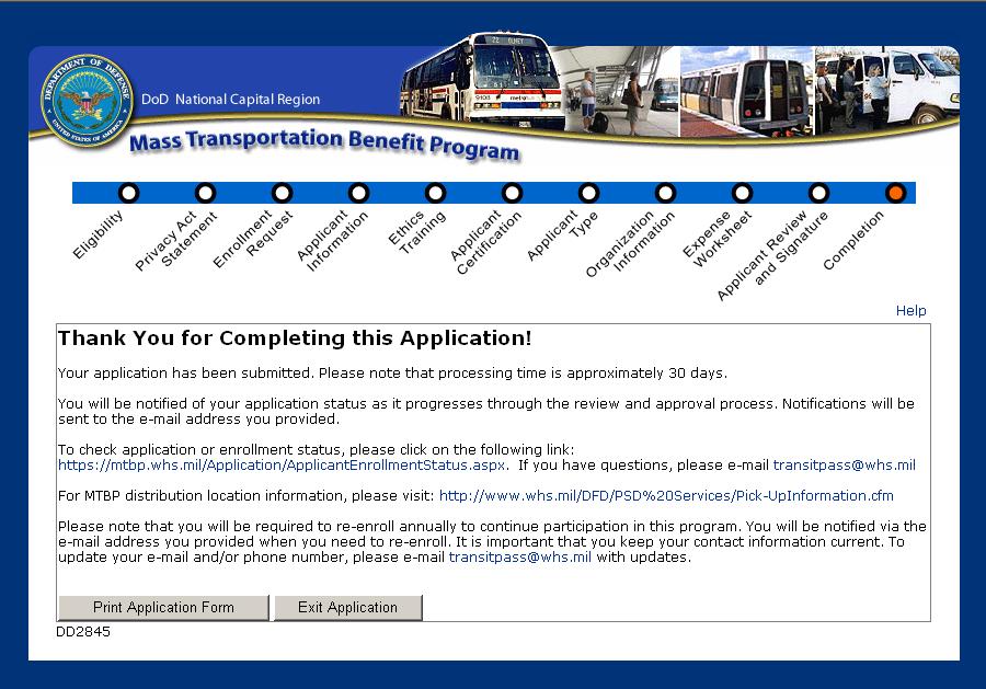 Submit Application After submitting your application, you receive the following screen, which provides links to helpful mass transportation benefit sites.
