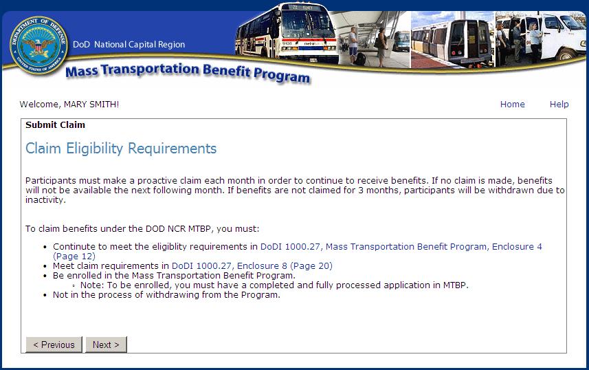 The participant should read the Claim Eligibility Requirements page and then click on the Next> page button.