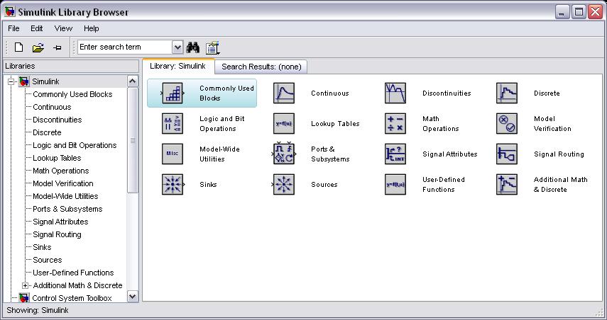 In addition, to drawing a model into a blank model window, previously saved model files can be loaded either from the File menu or from the MATLAB command prompt.