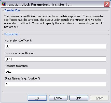 This dialog box contains fields for the numerator and the denominator of the block's transfer function.