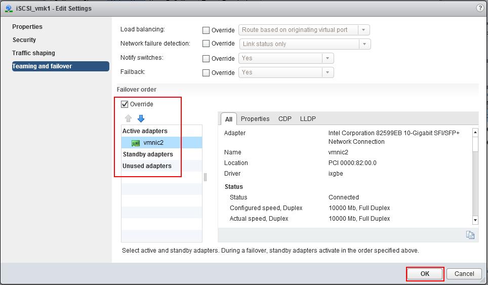 Create ESXi iscsi software adapter 11. Select the Override checkbox and ensure that only one adapter is listed under Active adapters.