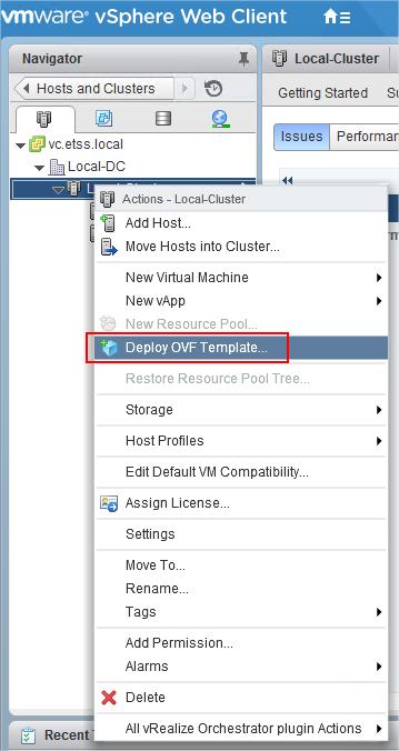 Deploy vrpa OVA Deploy vrpa OVA 1. Connect to the vsphere web client. 2. In the Navigator, click Hosts and Clusters. 3.