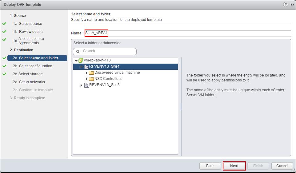 Deploy vrpa OVA 9. Choose a VM folder in which to register the vrpa, and enter a meaningful name. For example: 10.