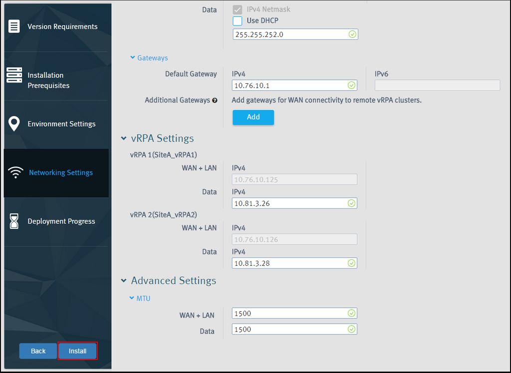 Configure vrpa cluster 13. Configure vrpa settings by entering the data from the Data preparation section, and then click Install.