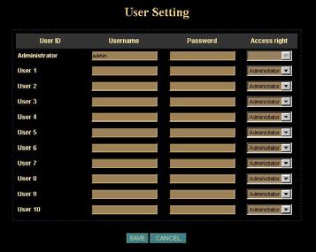User Screen This User setting can set up to 10 different usernames and passwords.