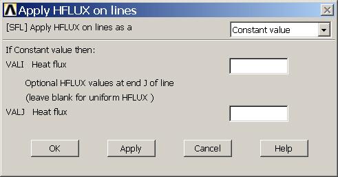 Example Define Loads Solution > Define Loads > Apply > Thermal > Heat Flux > On Lines Select the lines L6, L2 and L5 Press OK By