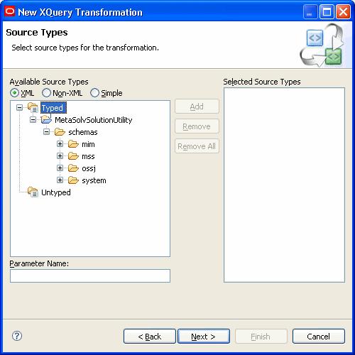 Creating data transformations The New XQuery Transformation for Source Types window displays. 10. Choose XML for the Available Source Types option. 11. Expand the treeview to the schemas directory.