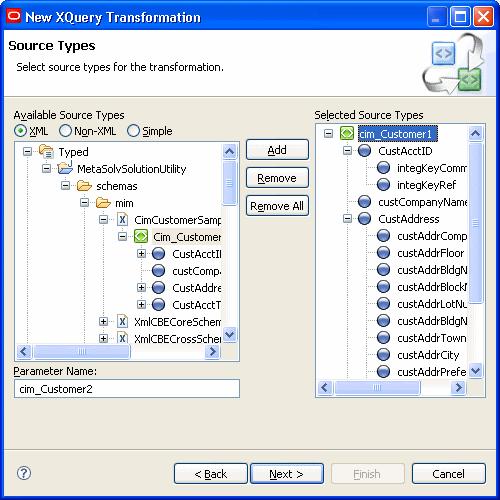 Creating data transformations 13. From within the schema, select an element, and click Add. The selected element displays in the Selected Source Types section.