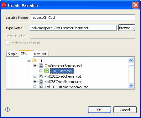 Building the workflow The Create Variable dialog box displays. i. Click the XML tab. j. Navigate to the location of the schema that defines the incoming XML, and select the appropriate element.