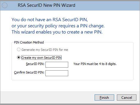 As your PIN is not displayed on-screen, enter it a second time into the Confirm SecurID PIN box. Click Finish.