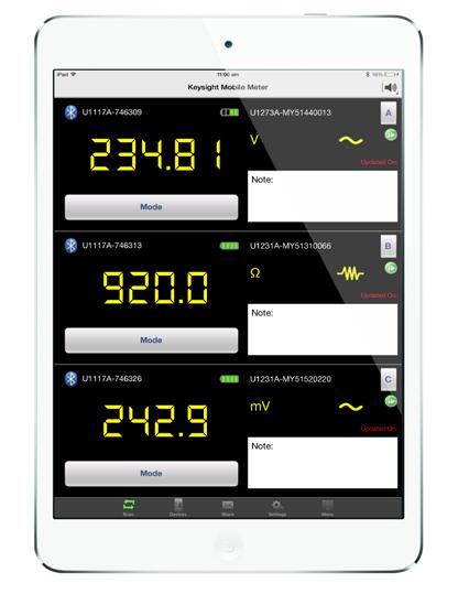 Keysight Mobile Meter Application (ios/android) Monitor up to three multimeter measurements at the same time with Keysight Mobile Meter.