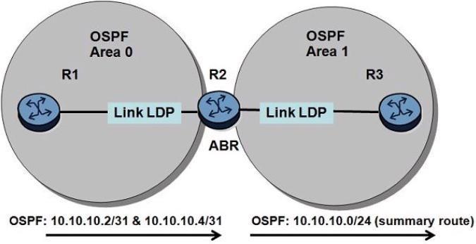 Router R2 advertises an OSPF summary route 10.10.10.0/24 into Area 1. Router R3 receives labels for individual FECs 10.10.10.2/32 and 10.10.10.4/32.