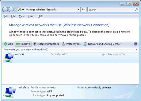 4. You should then see the following: This window will list any wireless networks you have previously connected to.