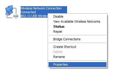 Right click on Wireless Network Connection and select "Properties".