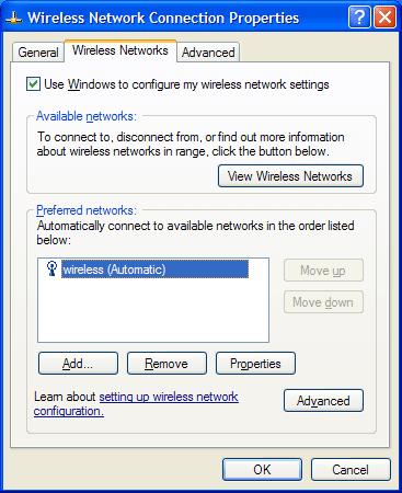 3. Click on the "Wireless Networks" tab, as shown below. (If you do not see this tab, you will need to enable and start the Wireless Zero Configuration service.