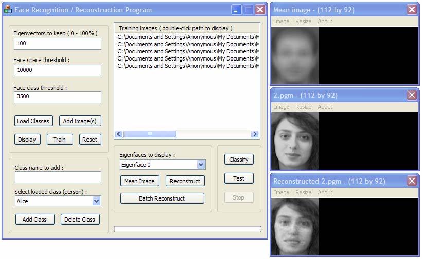 Fgure : Egenface program nterface correspondng face class, or classfy a group of nput mages and determne the maxmum face class and face space values.