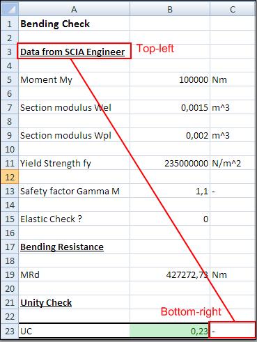 External Application Checks for Excel Example 1: Bending Check A Detailed output concerns an exact snapshot from the Excel file after the mapping has been sent.